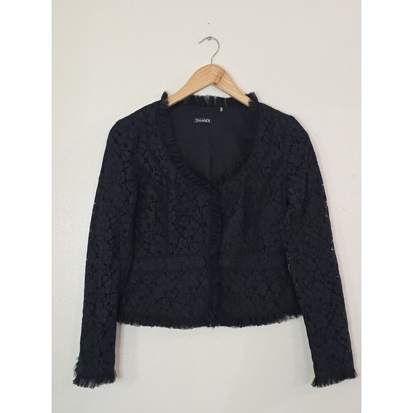 TAHARI Black V Neck Jacket Blouse Womens Size 4 Stretch Ruffle Peplum Top - Picture 1 of 10